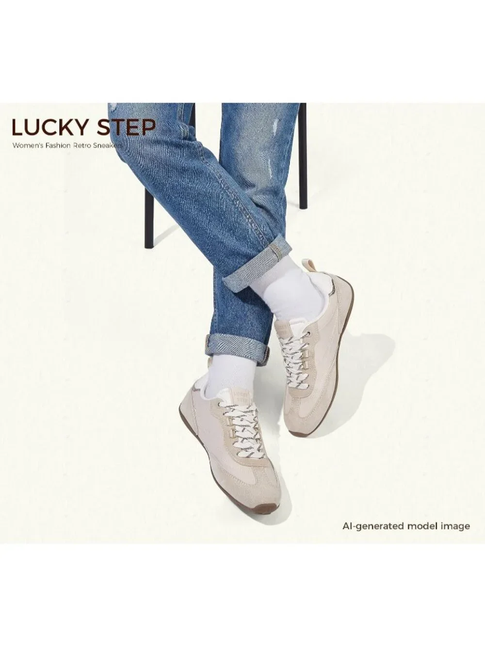 Women's Beige Faux Leather Retro Fashion Comfortable Lace Up Skate Sneakers